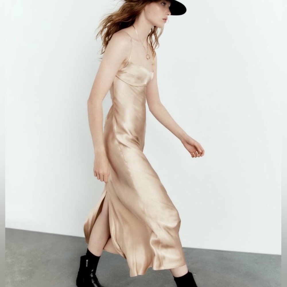 Zara Beige Satin Slip Dress - Picture 3 of 8